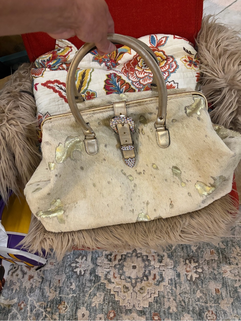 Raviani Gold-Tone Embellished Haircalf Satchel EXTRA LARGE